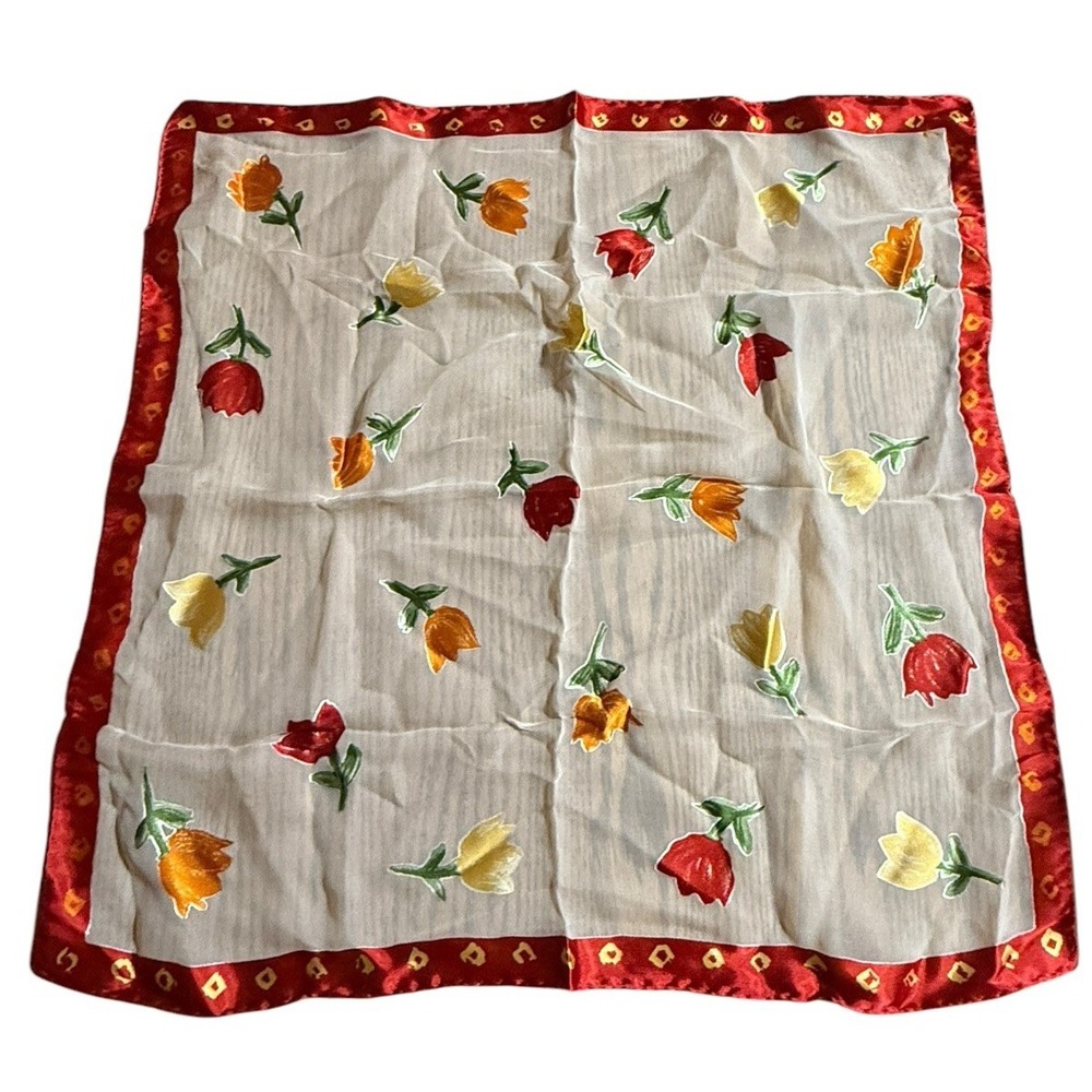 100% Silk Italian Square Scarf 19x19" Cottagecore Sheer Tulips Romantic Pocket